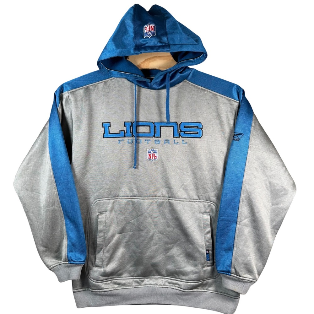 Reebok Detroit Lions Hoodie Mens Large Silver Vintage NFL Football Sweatshirt